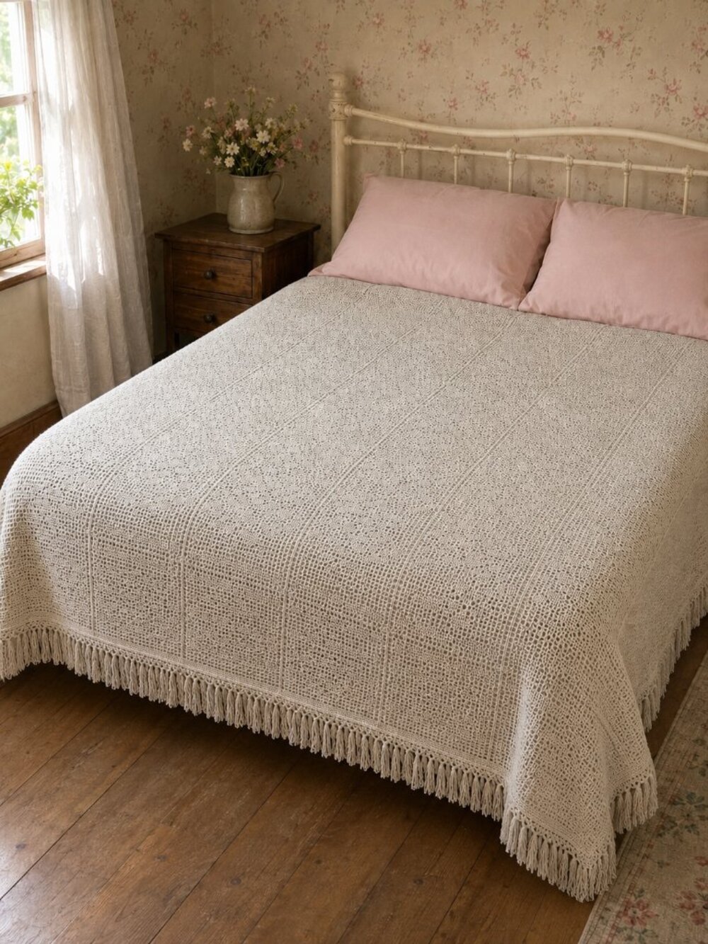 Hand Crocheted Queen Bedspread Ecru Cotton Blend Cottagecore